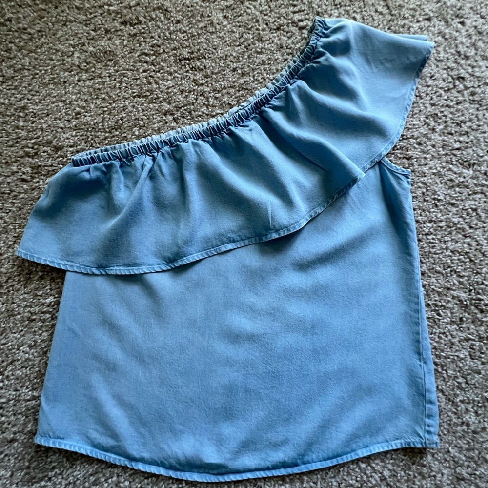 One-Shoulder Light Blue Ruffle Top - Picture 2 of 7